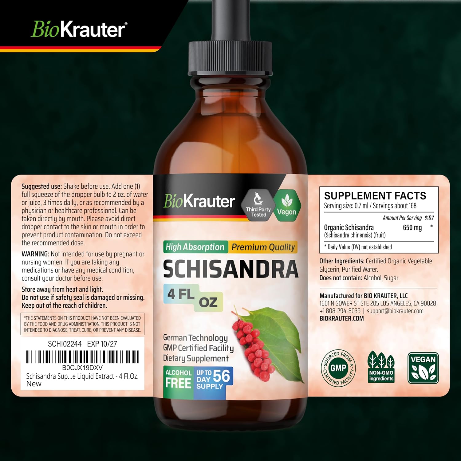 BIO KRAUTER® Schisandra para la Calma y Relajación - Complemento Vegano de Estado de Ánimo - Extracto Líquido de Baya de Schisandra 118 ml - Gotas Naturales 650 mg por Dosis, Suministro para 56 Días, Sin Alcohol ni Azúcar