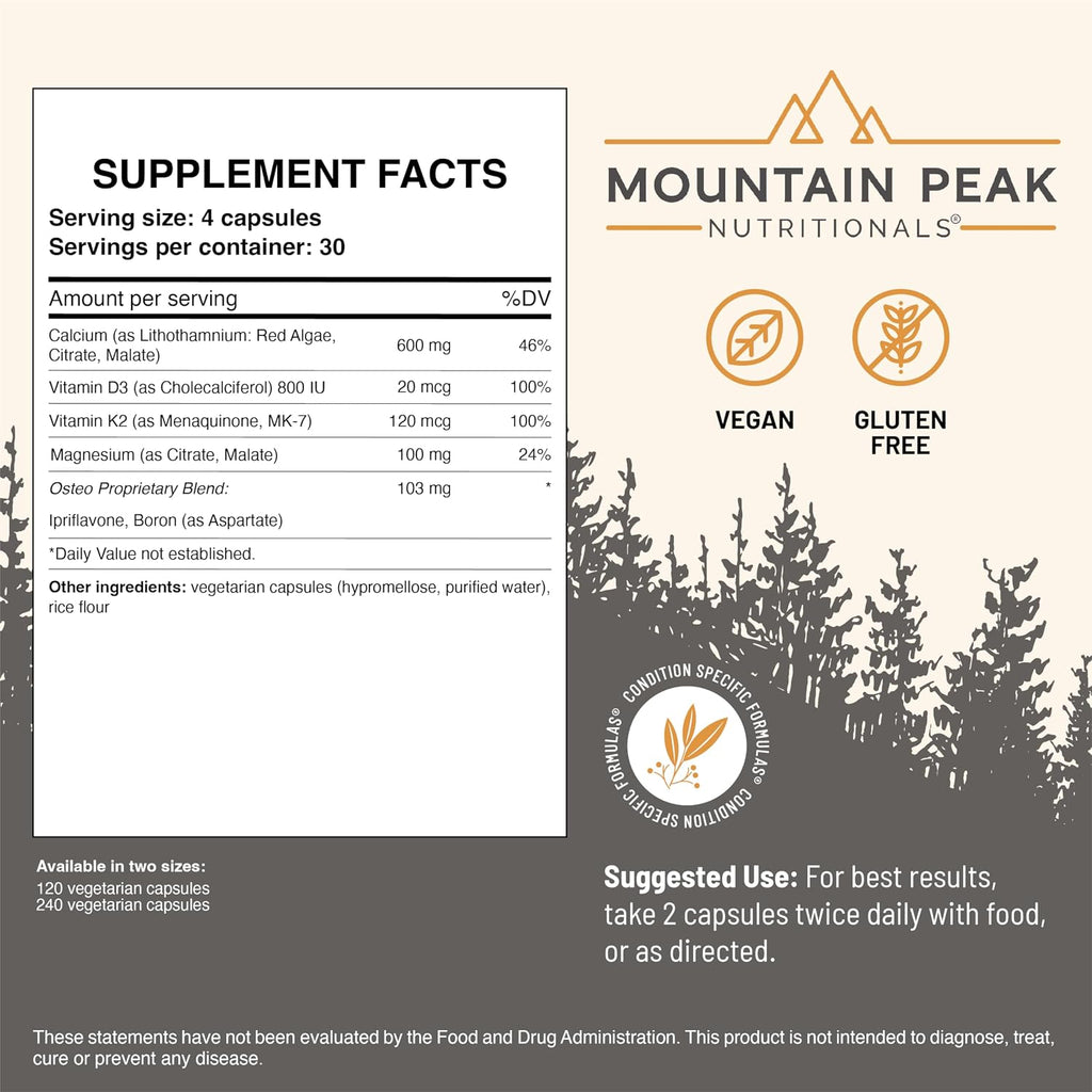 Mountain Peak Nutritionals Osteo Supplement - Apoyo Óseo con Vitaminas D3, K2, Calcio y Magnesio (120 Cápsulas Vegetales)