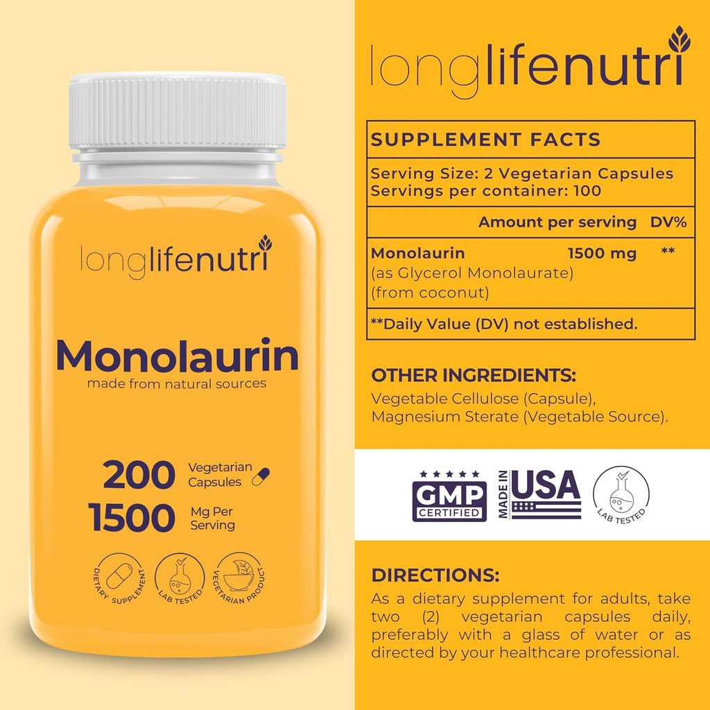 LongLifeNutri Monolaurin 1500mg - 200 Cápsulas Vegetarianas - Complemento de Glicerol de Coco Ecológico