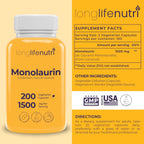 LongLifeNutri Monolaurin 1500mg - 200 Cápsulas Vegetarianas - Complemento de Glicerol de Coco Ecológico