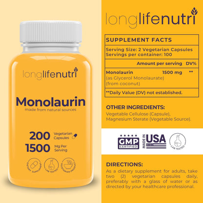 LongLifeNutri Monolaurin 1500mg - 200 Cápsulas Vegetarianas - Complemento de Glicerol de Coco Ecológico – Image 2