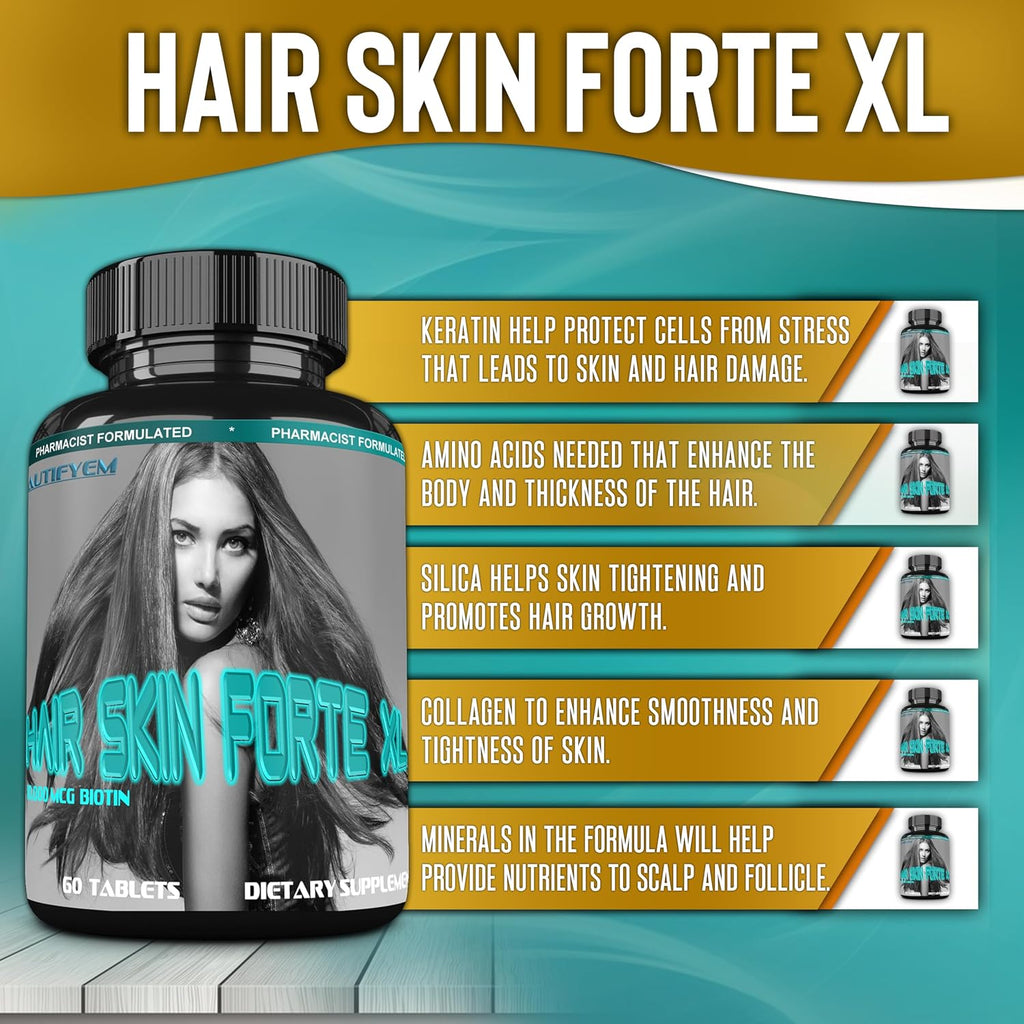 Hair Skin Forte XL - Complejo de Crecimiento para Cabello y Piel con 10.000 mcg de Biotina + Péptidos de Colágeno, 60 Comprimidos