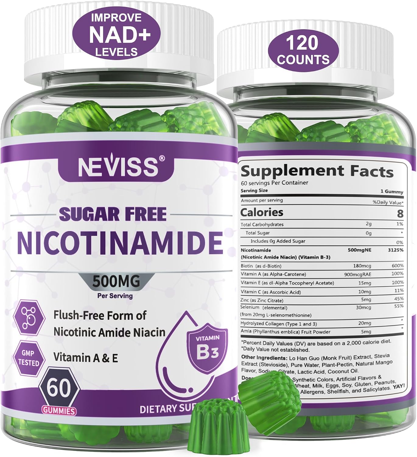 Gominolas de Nicotinamida 500mg sin Azúcar, (Niacinamida sin Flush) Suplemento de Vitamina B3 para Metabolismo Energético y Vitalidad, Sabor Arándano, 120 Unidades