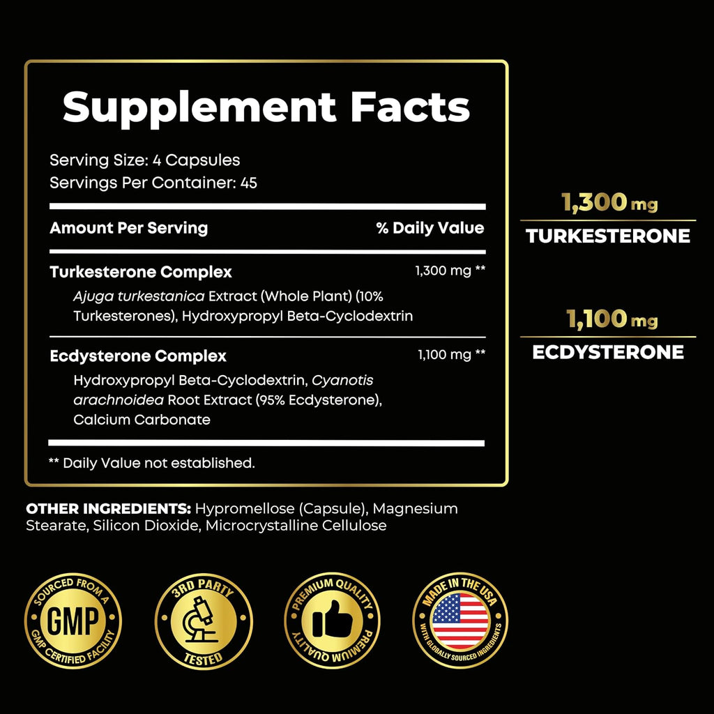 Turkesterone y Ecdysterone – Potenciador Natural de Testosterona, 2-en-1 de Alta Potencia con 95% Beta Ecdysterone – 180 Cápsulas