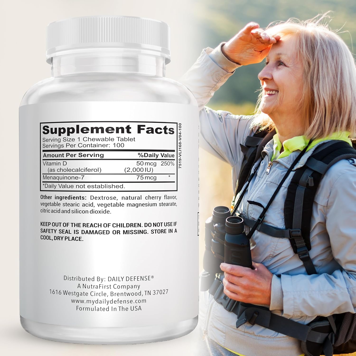 Daily Defense - Vitamina D3 y K2 2000 UI, 100 Comprimidos Masticables