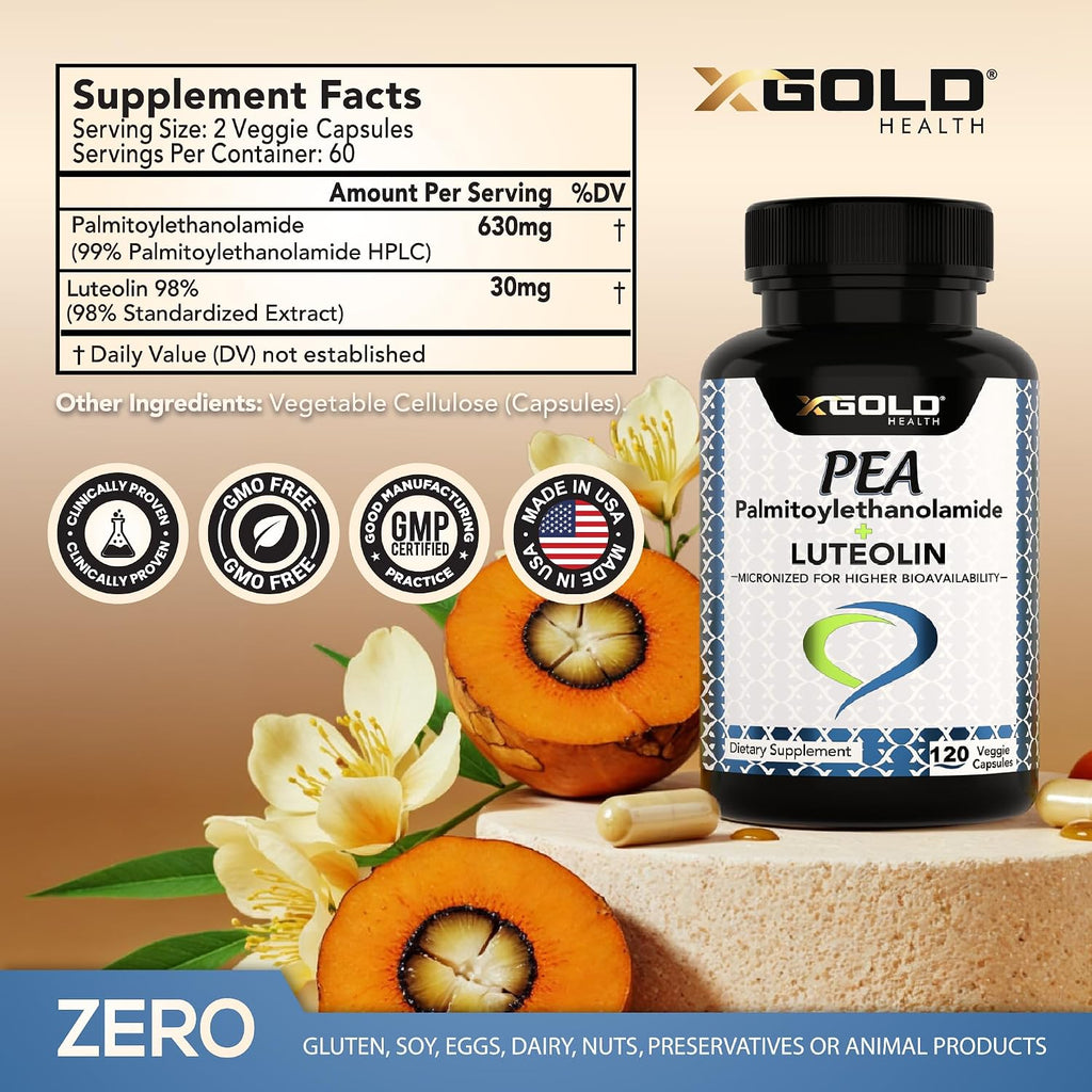 Palmitoiletanolamida 630 mg + Luteolina Estandarizada 98% - Micronizada - 120 Cápsulas Vegetales