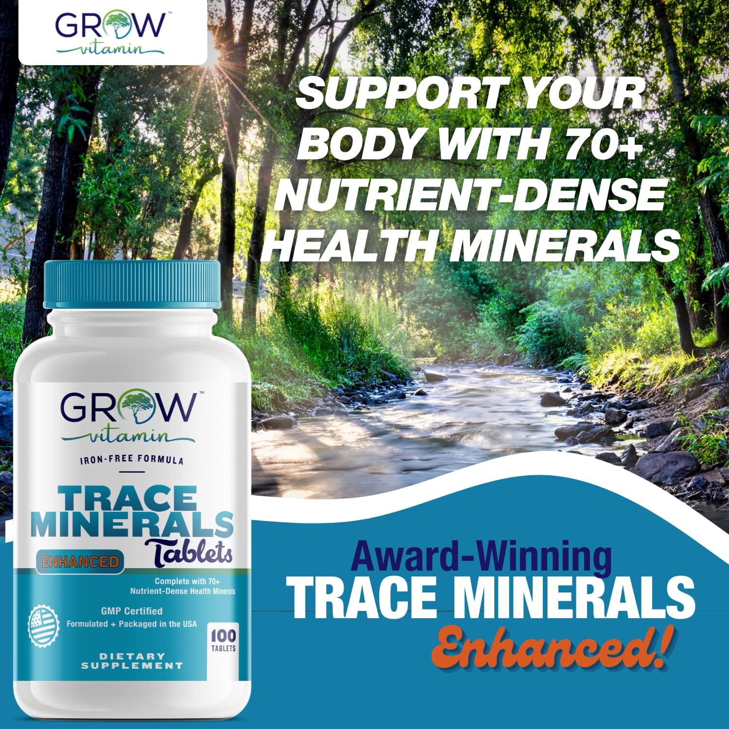 Complejo de Minerales Traza Grow Vitamin - 70+ Nutrientes Esenciales - 100 Comprimidos