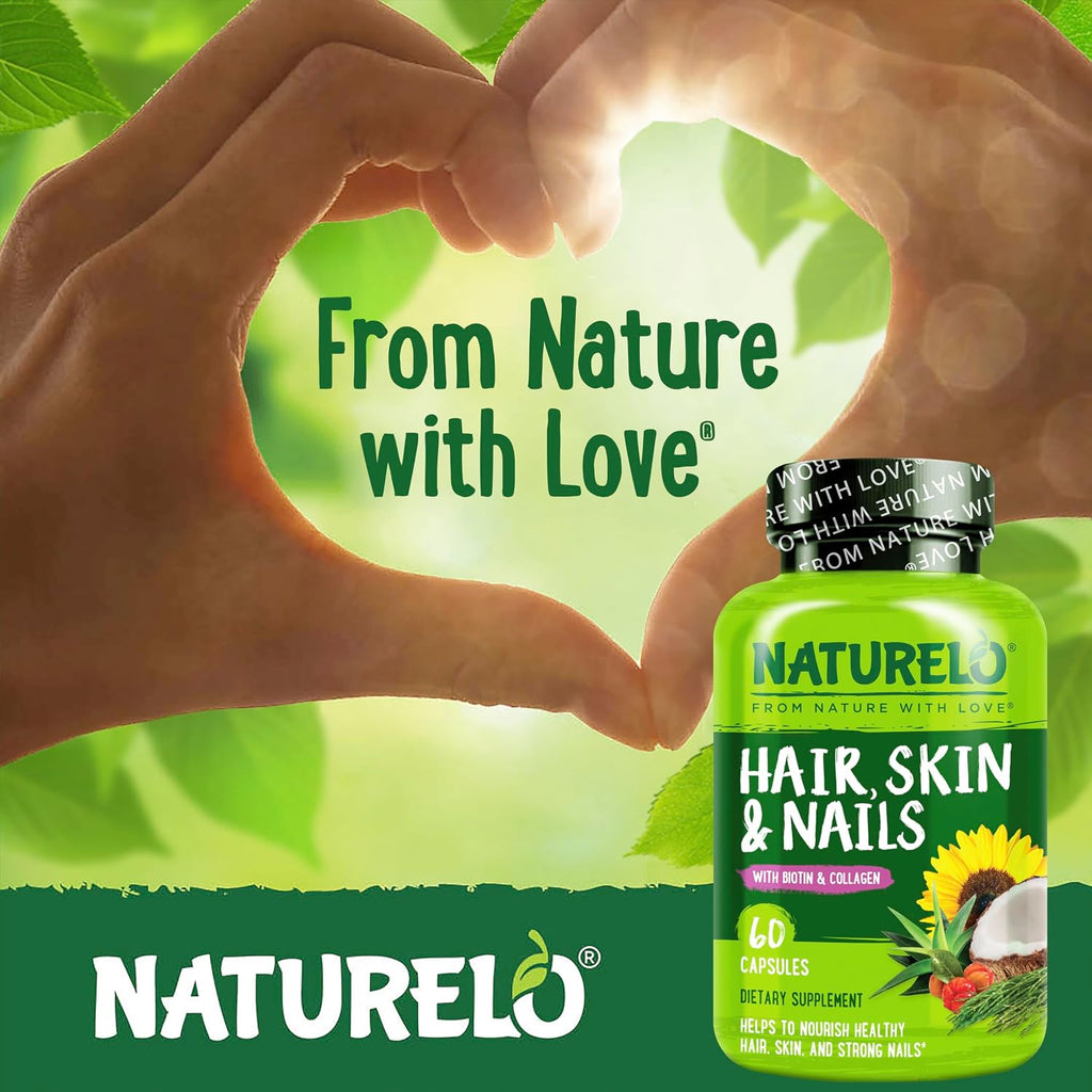 NATURELO Vitaminas para Cabello, Piel y Uñas - 5000 mcg Biotina, Colágeno, Vitamina E - 60 Cápsulas
