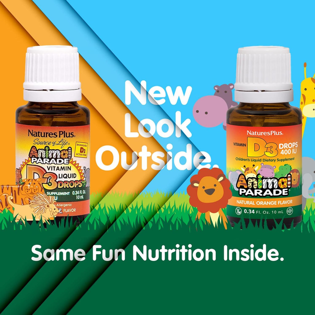 NaturesPlus Animal Parade Gotas Líquidas de Vitamina D3 para Niños - 400 UI, 10 ml - Sabor Naranja - Apoyo Óseo e Inmunológico - Sin Gluten, Vegetariano - 365 porciones
