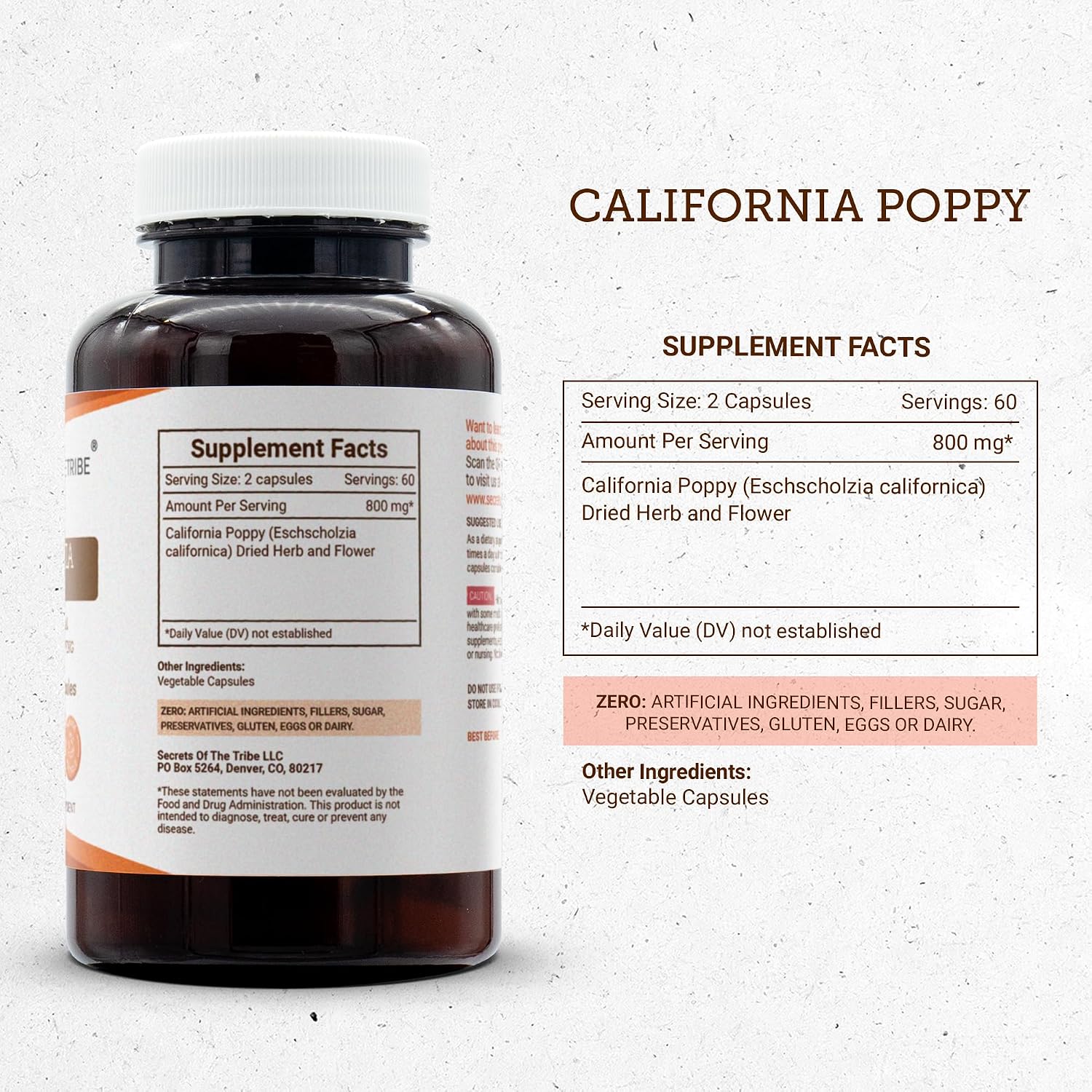 Secrets of the Tribe Amapola de California 800 mg, 120 Cápsulas