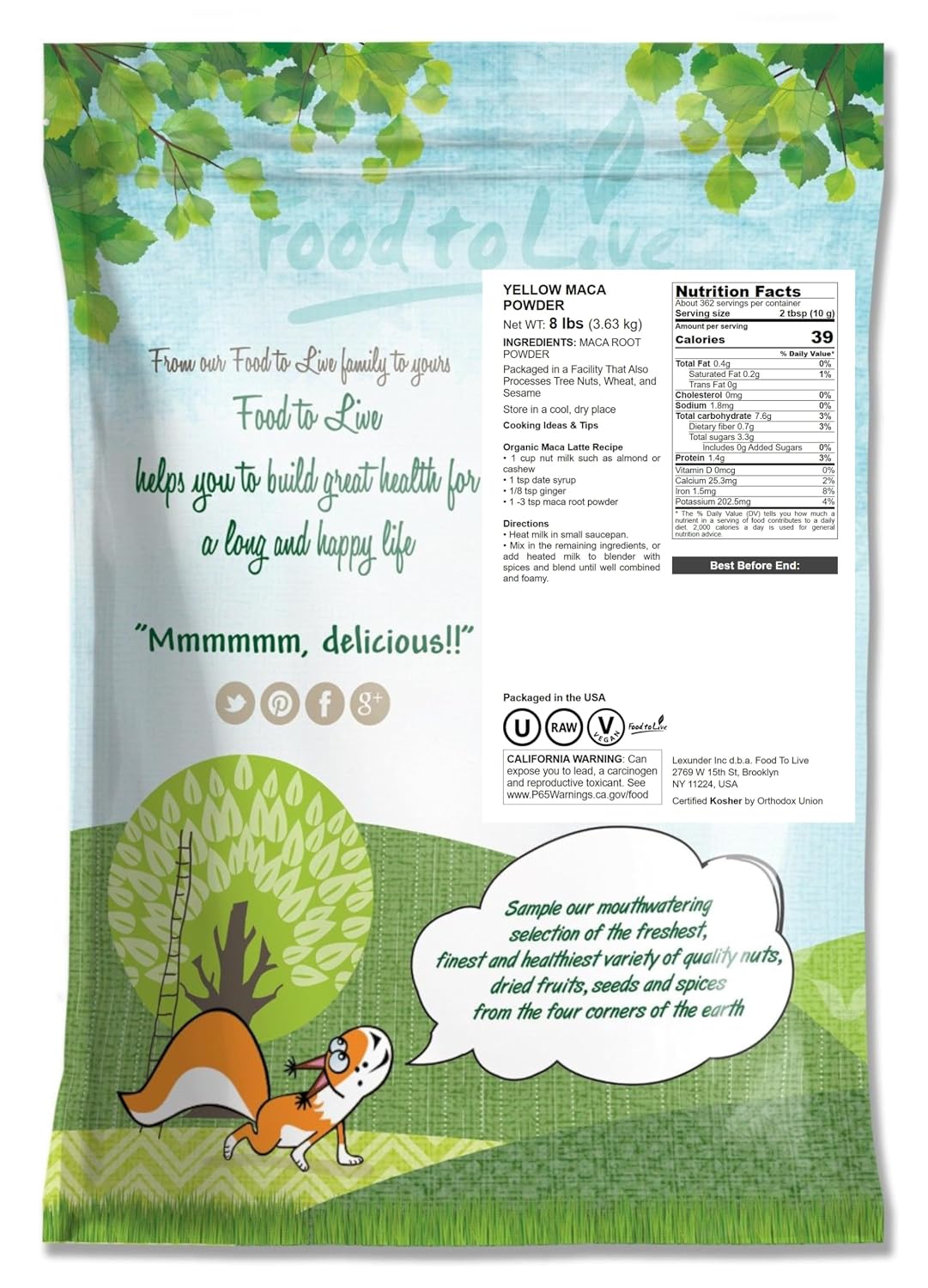 Food to Live Maca Amarilla en Polvo, 3.6 kg – Raíz de Maca Cruda Molida, Vegano, Kosher, Keto, Sin Gelatina, A Granel, Rica en Vitamina C