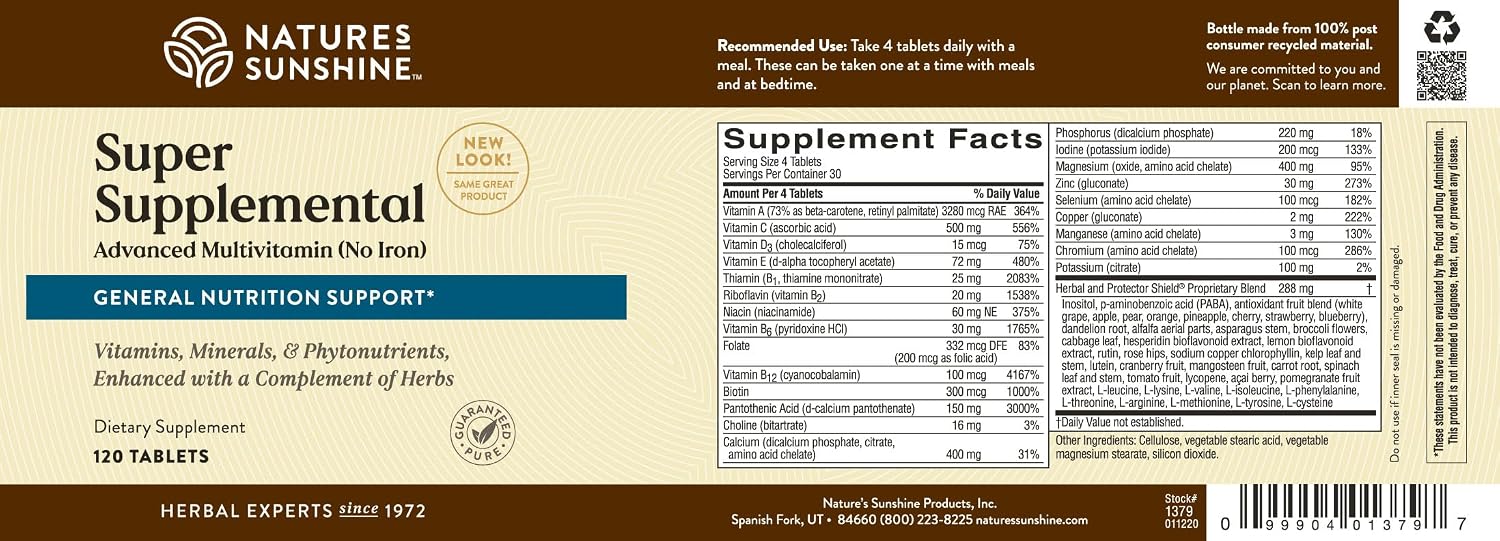 Nature's Sunshine Super Supplemental sin Hierro - Multivitamínico Completo con Minerales, Hierbas y Aminoácidos, 120 Comprimidos