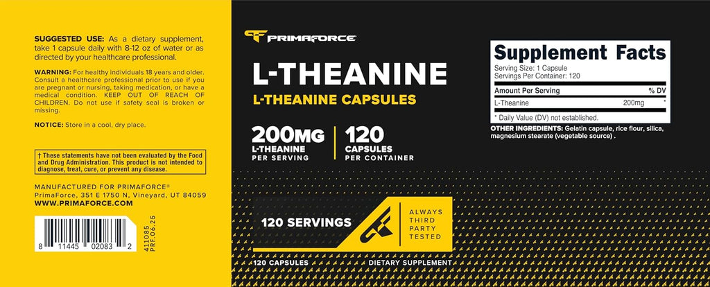 Primaforce L-Teanina Cápsulas (120 Cápsulas, 200mg de L-Teanina por Porción) - Suplemento de Aminoácido Teanina