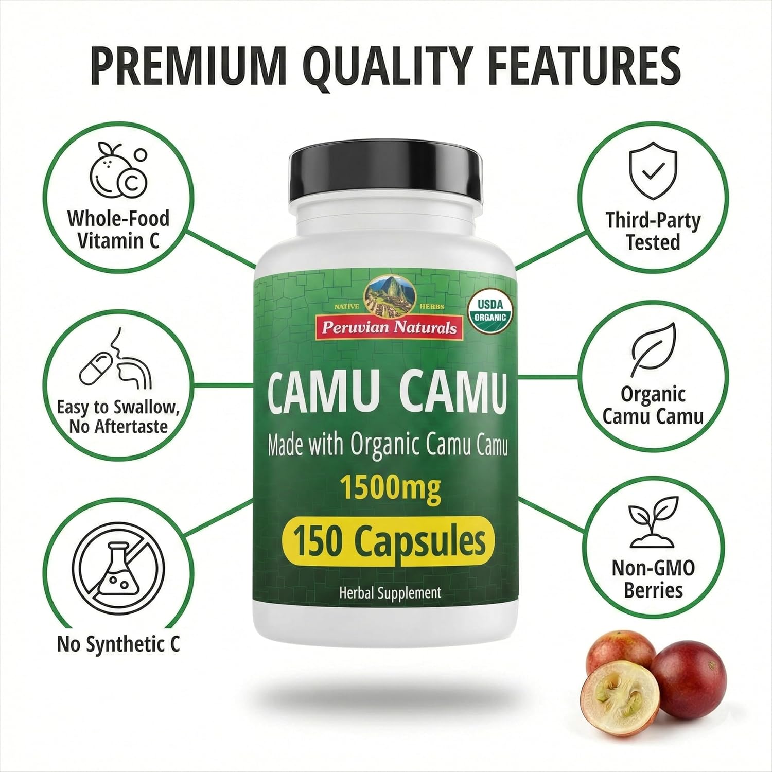 Vitamina C Orgánica de Camu Camu 1500 mg - 150 Cápsulas Veganas