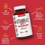 Vitamin K2 MK-7 Supplement 180 mcg - MenaQ7 for Bone and Cardiovascular Health - 60 Vegetable Capsules