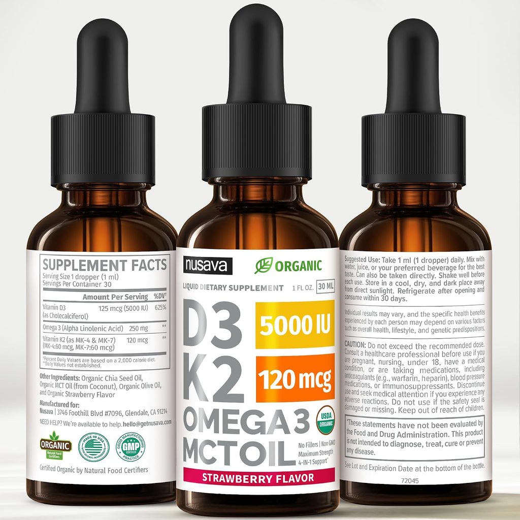 NUSAVA Organic Vitamin D3 K2 Drops with MCT Oil & Omega 3 - 5000 IU D3, 120 mcg K2, Strawberry, 4 Fl Oz (4-Pack)