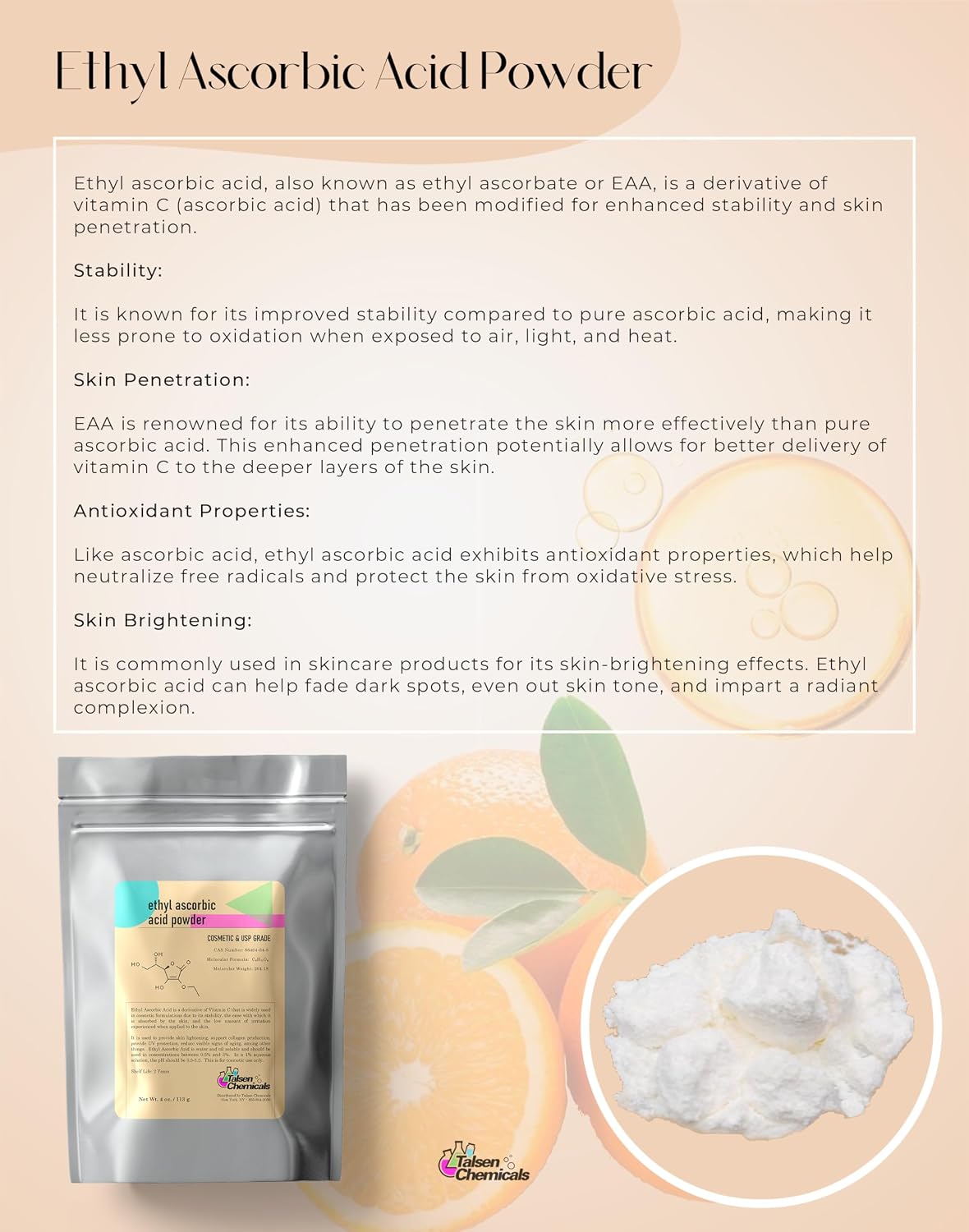 Talsen Chemicals – Polvo de Ácido Ascórbico Etílico (113 g) – Vitamina C Estable para Cosmética