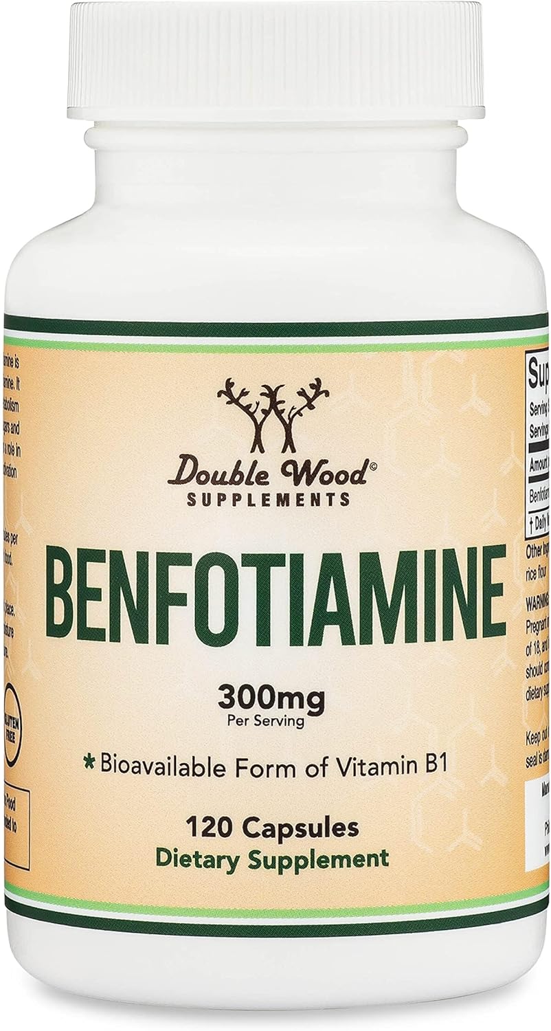 Benfotiamina 300mg por dosis (120 cápsulas, 150mg por cápsula) - No Transgénico, Sin Gluten, Vegano - Double Wood
