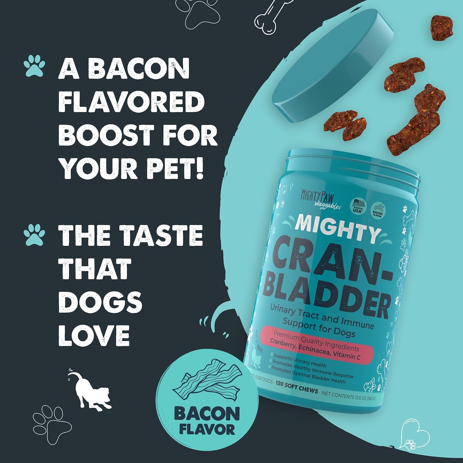 Mighty Paw Waggables Cran-Bladder (2-Pack) – Suplemento de Arándano para Perros, 240 Chews Blandos sabor Bacon