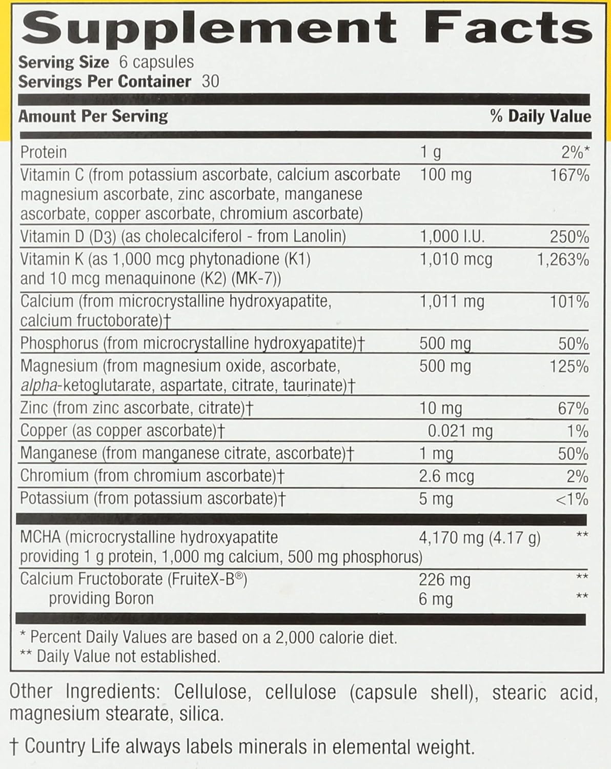 Country Life Bone Solid - Suplemento para la salud ósea con MCHA, calcio, magnesio, zinc, vitaminas K2 y D3 - 180 cápsulas