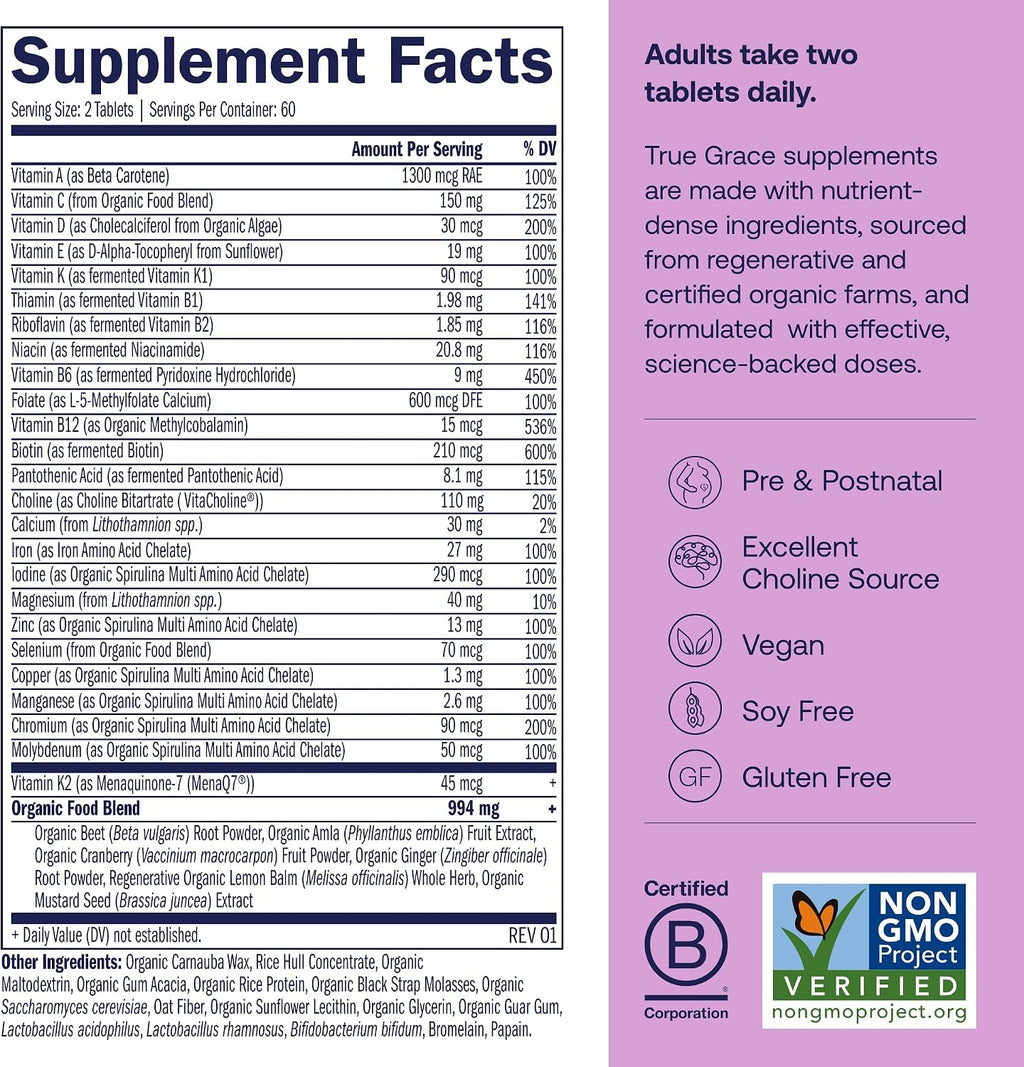 True Grace Multivitamínico Prenatal - Recambio de 120 Comprimidos Veganos - Con Metilfolato y Colina - Sin Gluten, Sin Soja - 60 Porciones