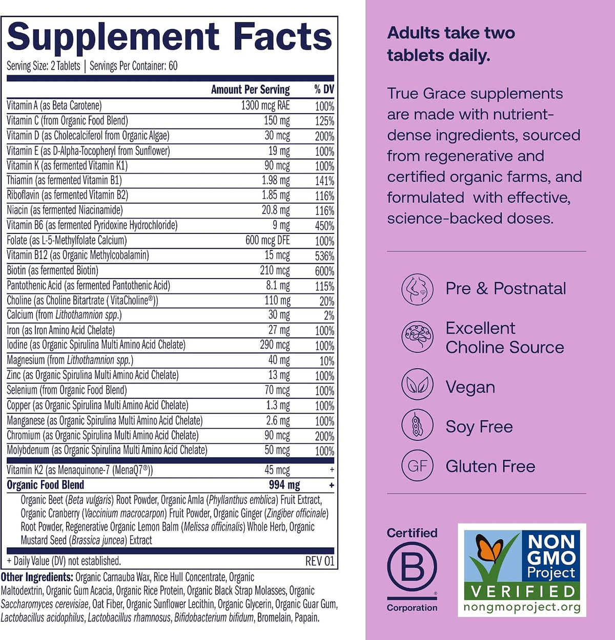 True Grace Multivitamínico Prenatal - Recambio de 120 Comprimidos Veganos - Con Metilfolato y Colina - Sin Gluten, Sin Soja – Image 2
