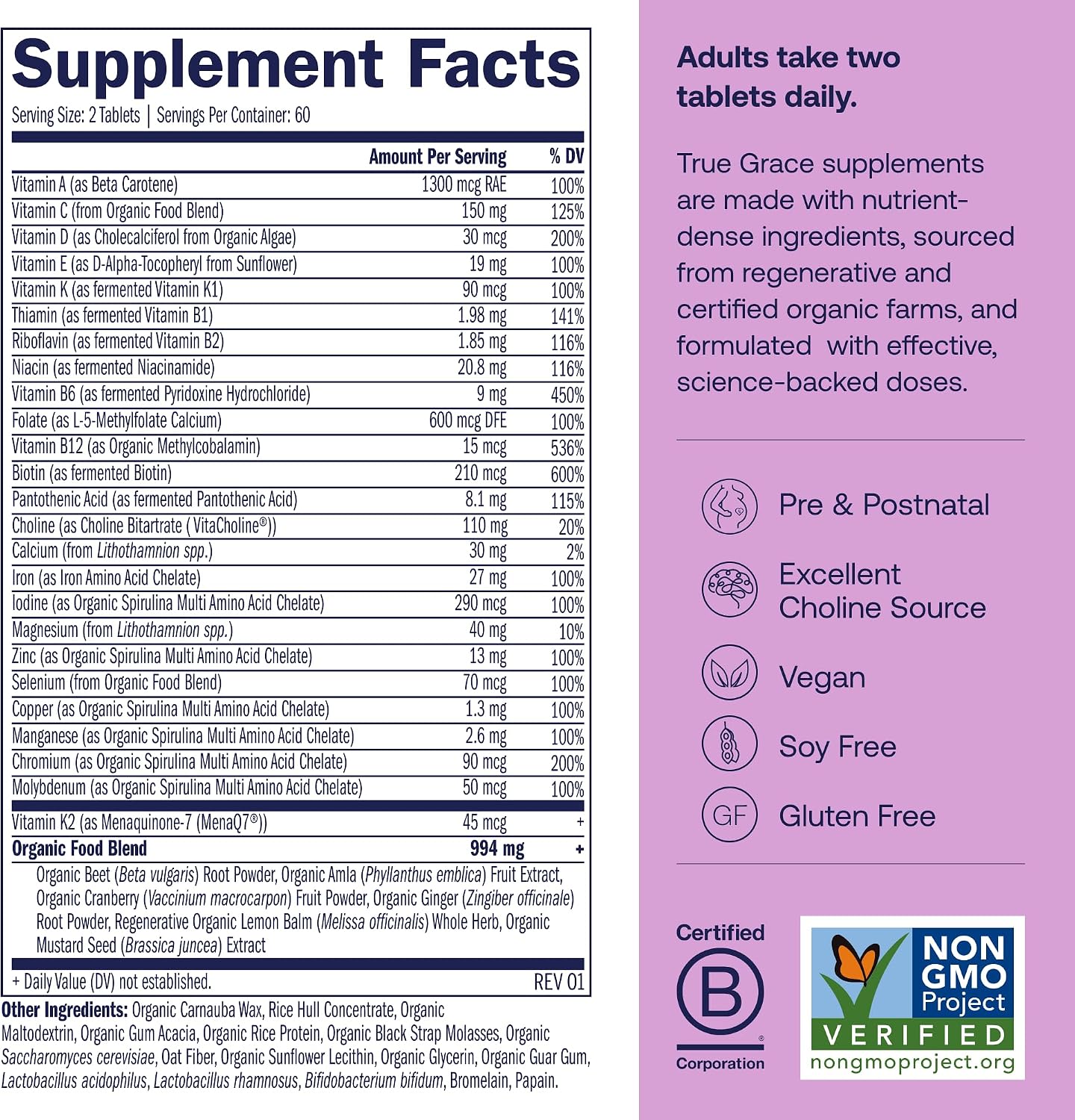 True Grace Multivitamínico Prenatal - Recambio de 120 Comprimidos Veganos - Con Metilfolato y Colina - Sin Gluten, Sin Soja - 60 Porciones
