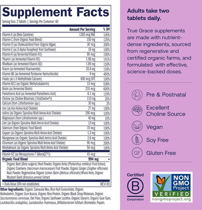 True Grace Multivitamínico Prenatal - Recambio de 120 Comprimidos Veganos - Con Metilfolato y Colina - Sin Gluten, Sin Soja – Image 2