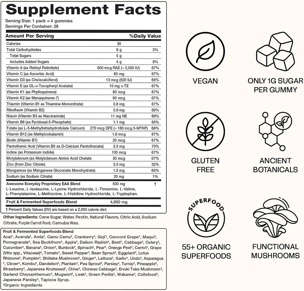 Gominolas de Nutrición Diaria Esencial - 9 Aminoácidos Esenciales + Vitaminas, Minerales y Superalimentos Orgánicos - Nutrición Fermentada para Energía, Cerebro e Inmunidad – Niños – 28 unidades
