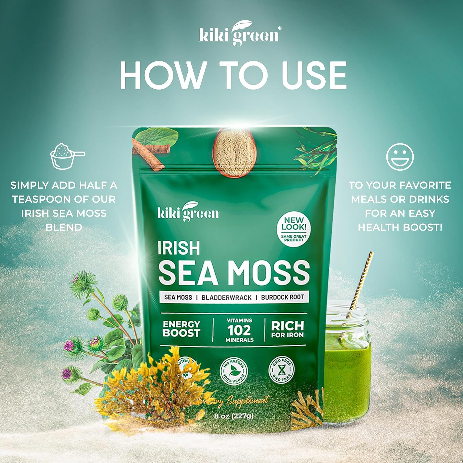 Irish Sea Moss Powder 8 Oz - con Bladderwrack y Burdock Root - Suplemento Vegano y Sin Gluten
