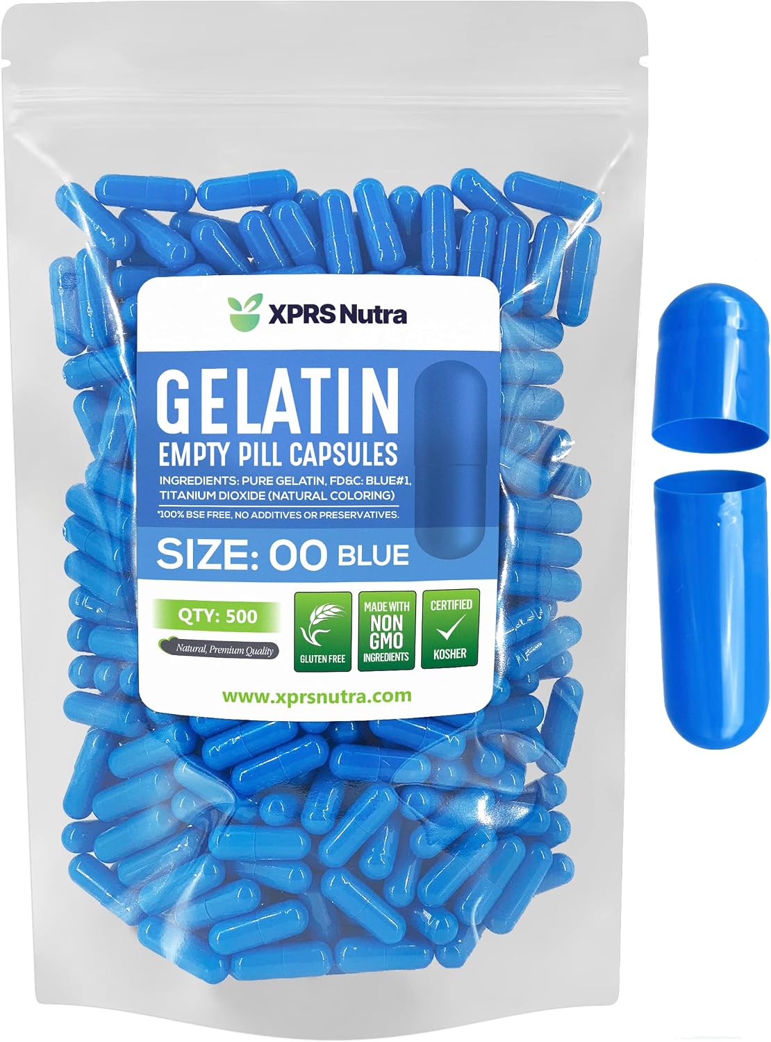 Cápsulas Vacías XPRS Nutra Tamaño 00 - 500 Unidades - Cápsulas de Gelatina Vacías para Rellenar - Cápsulas para Suplementos Caseros (Azul)