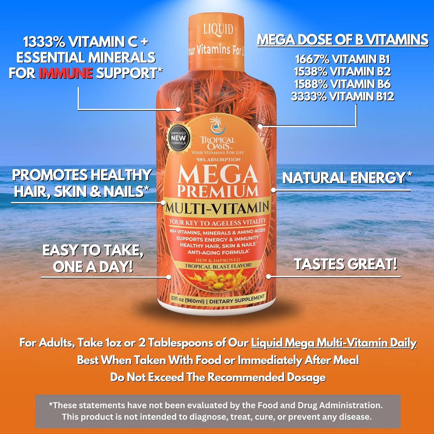 Mega Premium Liquid Multivitamin - 110 Ingredientes, Vitamina C, D3, Zinc, Sabor Naranja, 32 Servicios