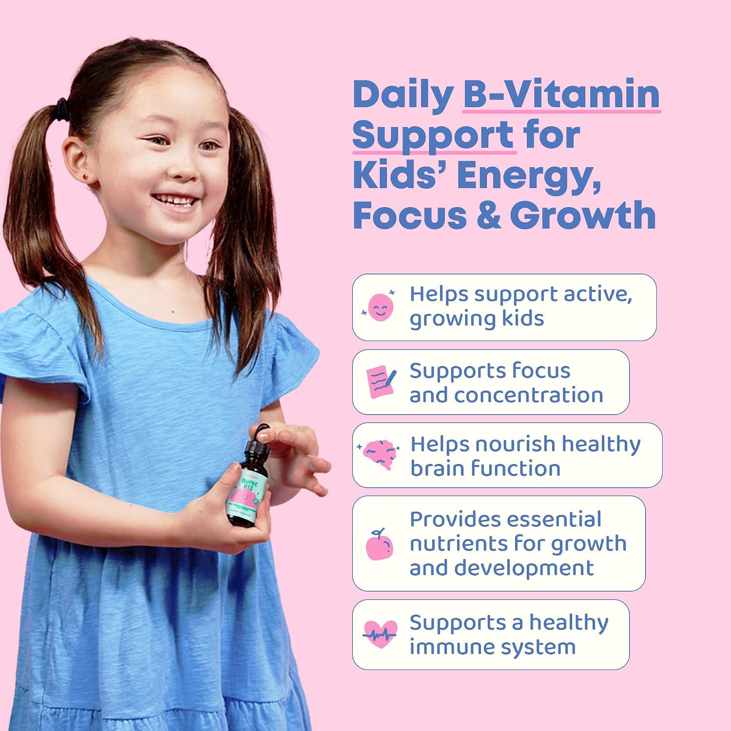 JoySpring Burst B12 Gotas - Complejo B para niños con metilcobalamina B12, Apoyo al Crecimiento y Desarrollo, Vegano, Líquido, 2 fl oz (60 porciones)