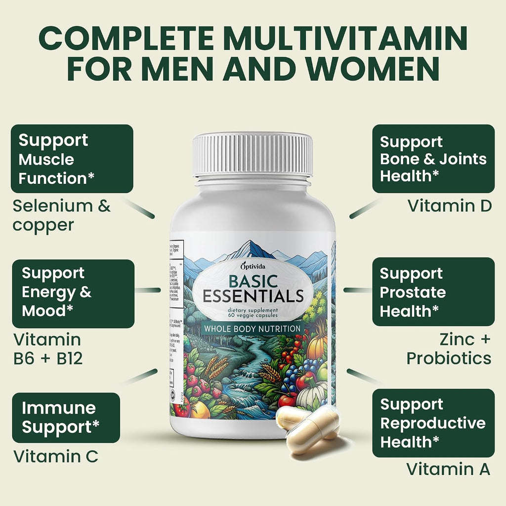 OPTIVIDA Multivitamínico Orgánico de Alimentos Integrales para Hombres y Mujeres (1 Mes) con Probióticos y Mezcla Antioxidante | Sin OGM