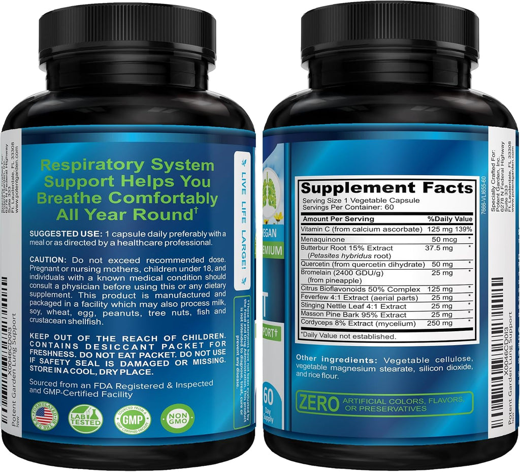 Potent Garden Suplemento de Apoyo Respiratorio con Vitamina C, Quercetina y Mezcla de Hierbas – Cápsulas Veganas, 60 Unidades