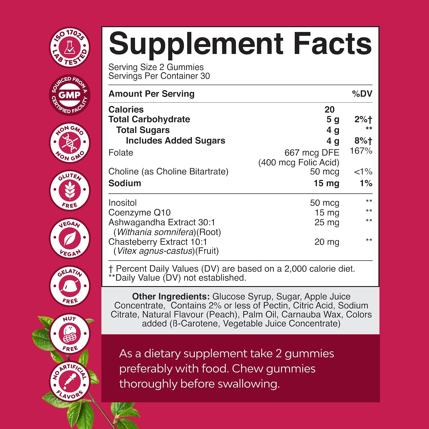 Fertility Gummies para Mujeres – Gominolas de Inositol con Myo-Inositol, Ácido Fólico y Vitex – Sabor Melocotón – 60 Unidades