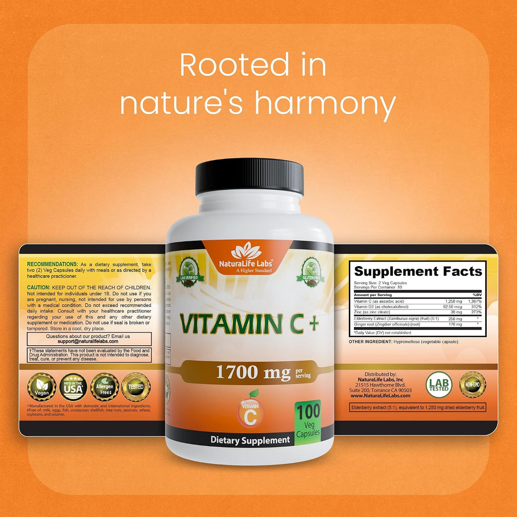 NaturaLife Labs Vitamina C con Vitamina D3, Zinc, Saúco y Jengibre – 1.700 mg por ración – 100 Cápsulas Veganas