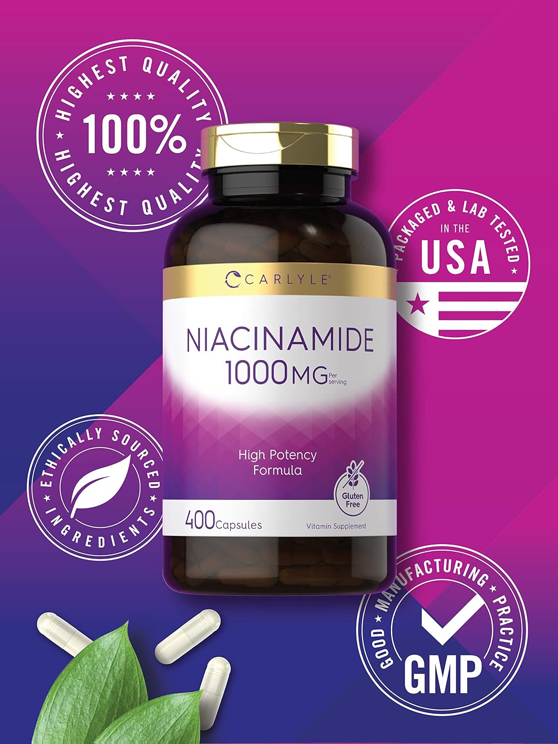 Carlyle Niacinamida 1000 mg | 400 Cápsulas | Fórmula de Alta Potencia | No-GMO, Sin Gluten