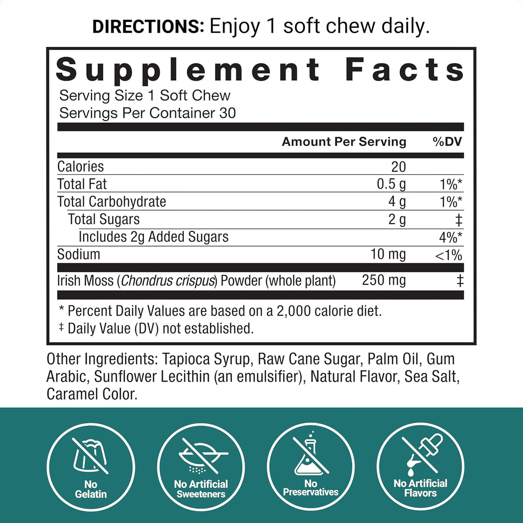 Force Factor Sea Moss Soft Chews, Gominolas de Musgo Irlandés, Sabor Caramelo Salado, 90 Gominolas (Pack de 3)