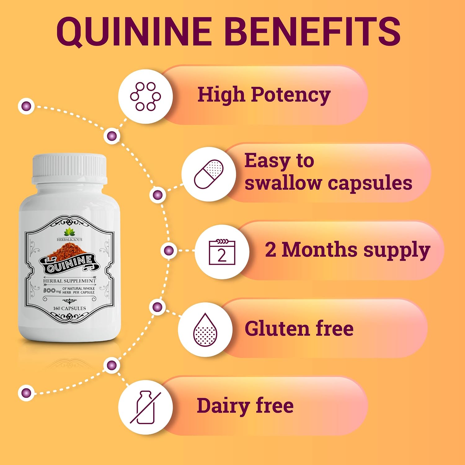 HERBALICIOUS Cápsulas de Quinina - Corteza de Cinchona Officinalis para Calambres Musculares y Salud Digestiva - 500 mg por Cápsula, 160 Cápsulas