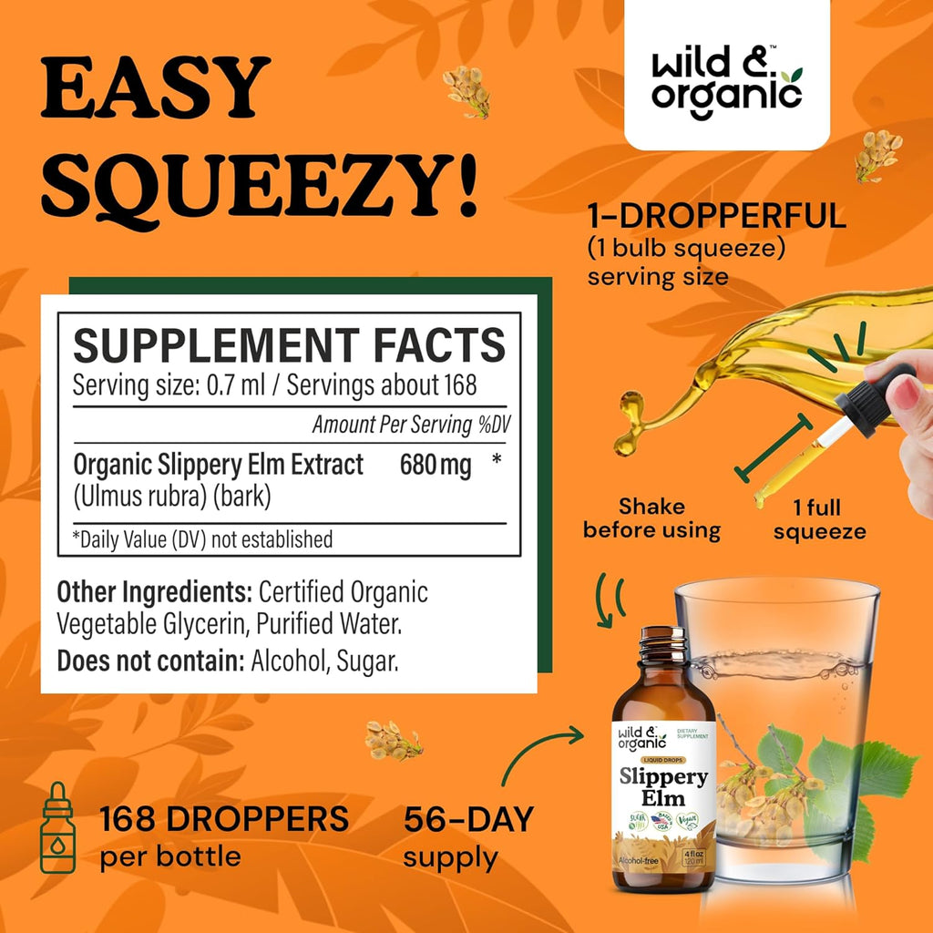 Wild & Organic Slippery Elm Liquid Drops - Apoyo Digestivo, Pulmonar y para la Mujer - 118 ml