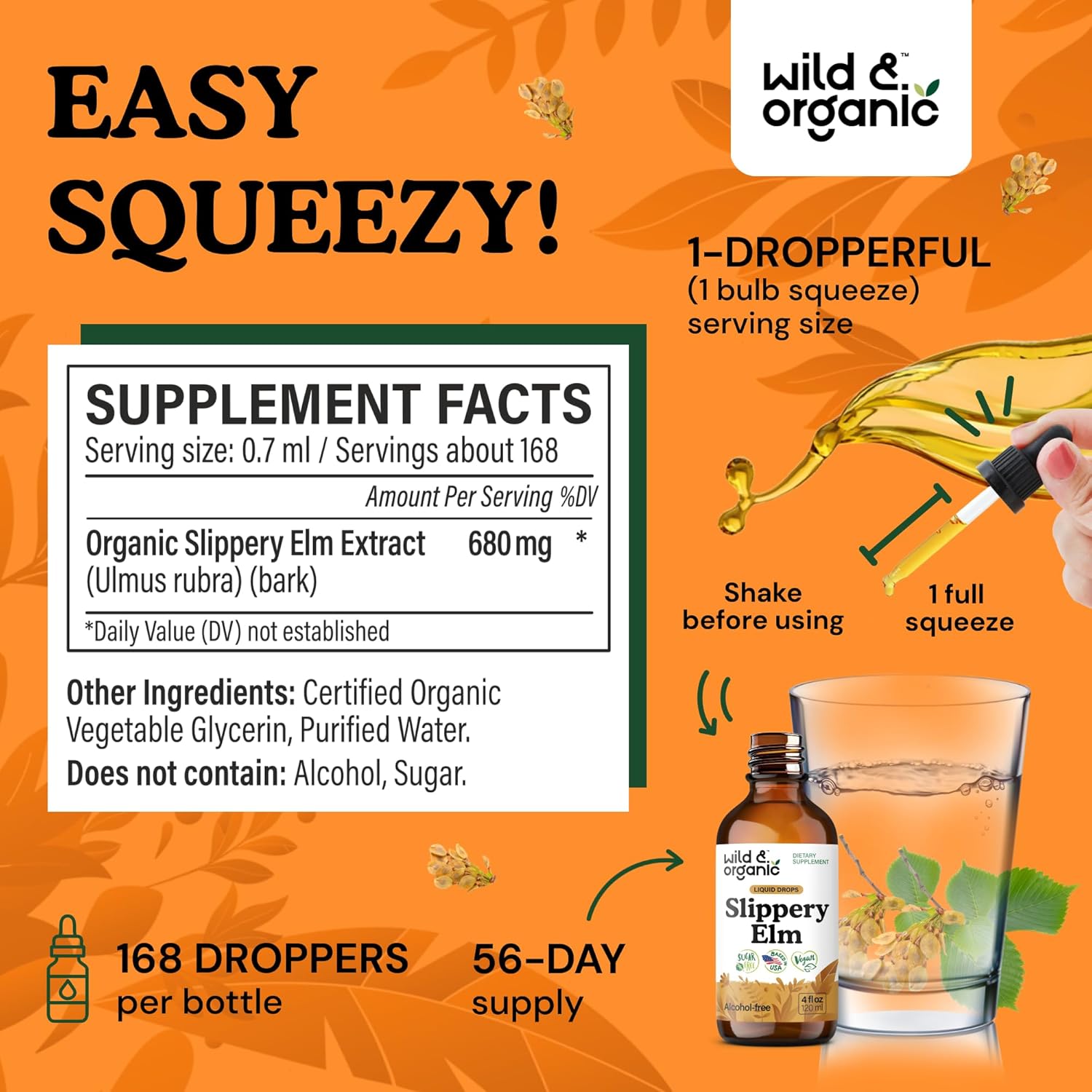 Wild & Organic Slippery Elm Liquid Drops - Apoyo Digestivo, Pulmonar y para la Mujer - 118 ml