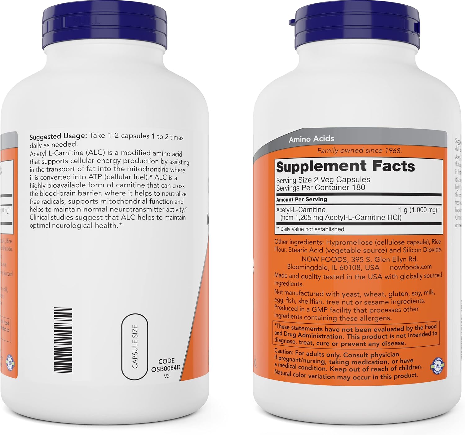 NOW Foods Acetil L-Carnitina 500 mg, 360 Cápsulas Vegetales - No OGM