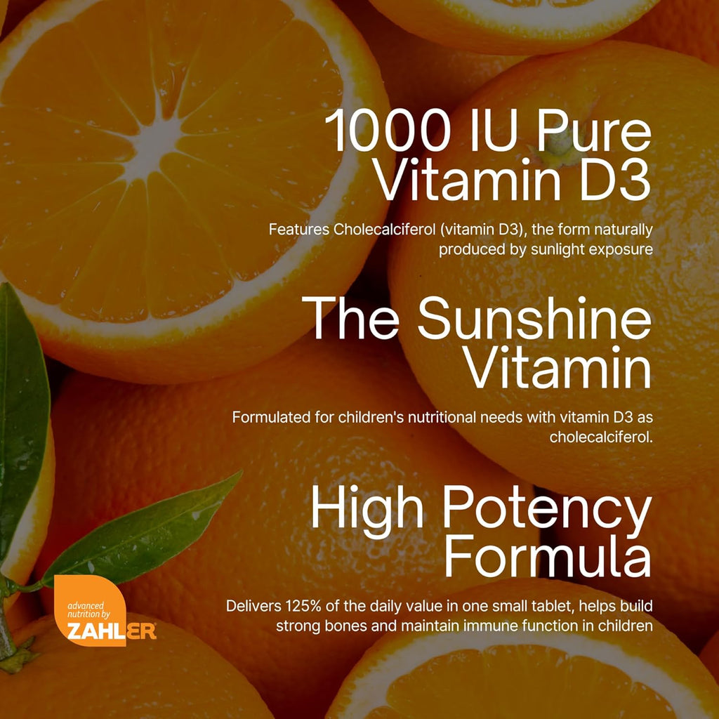 Zahler Junior D3 - 120 Comprimidos Masticables de Vitamina D3 (1000 UI) Sabor Naranja