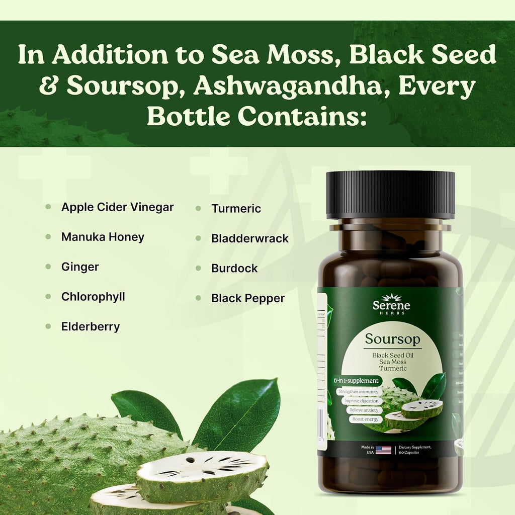 Serene Herbs 17-en-1 Cápsulas de Sea Moss con Irish Seamoss, Aceite de Semilla Negra, Ashwagandha, Cúrcuma y Bladderwrack - Apoyo Inmunológico, Energía y Digestión - Suplemento Herbal Natural - 60 Cápsulas