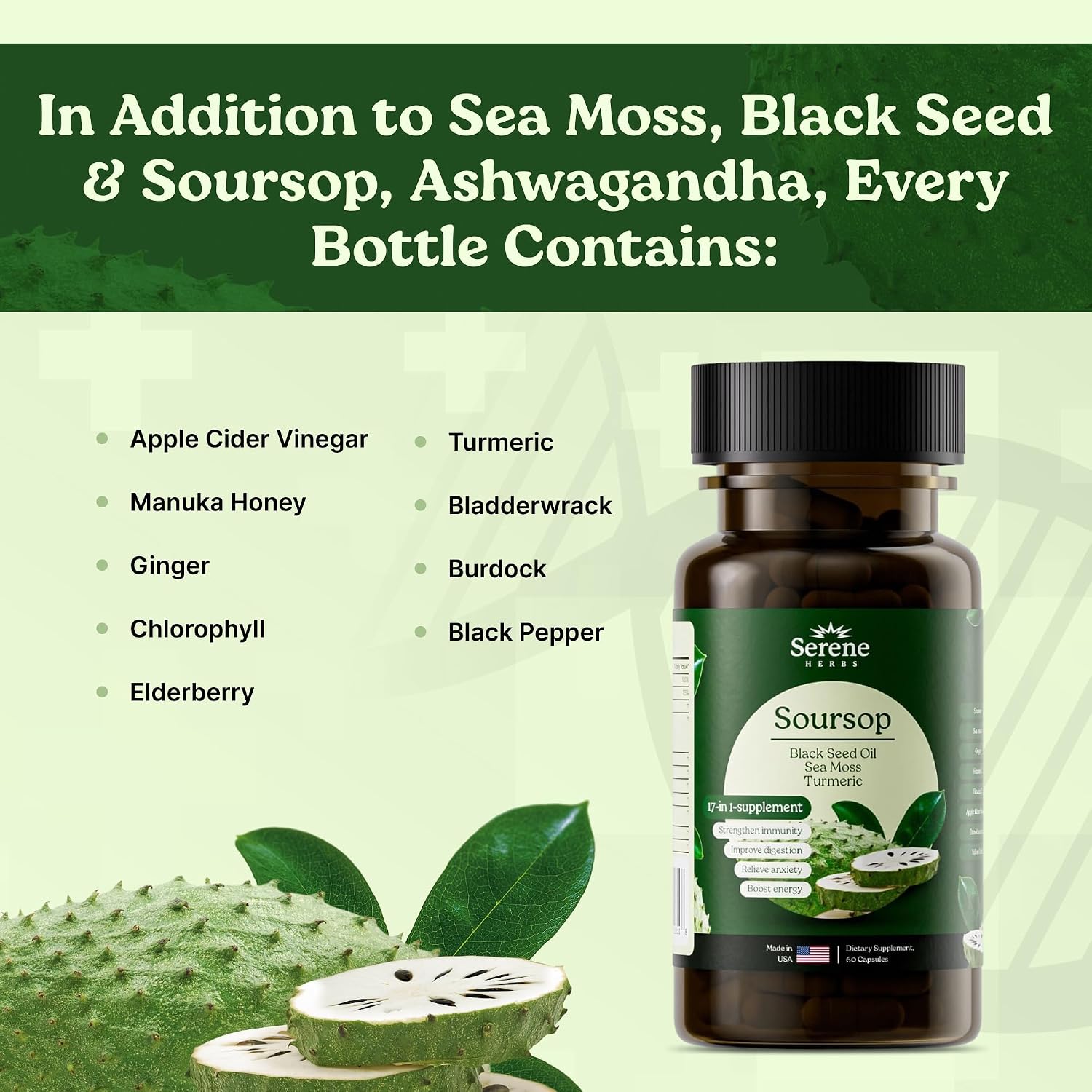 Serene Herbs 17-en-1 Cápsulas de Sea Moss con Irish Seamoss, Aceite de Semilla Negra, Ashwagandha, Cúrcuma y Bladderwrack - Apoyo Inmunológico, Energía y Digestión - Suplemento Herbal Natural - 60 Cápsulas