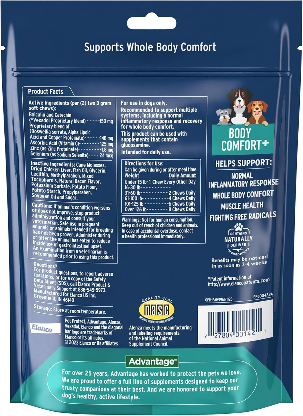 Pet Protect Whole Body Comfort+ Suplemento para Perros, Alenza, Apoya Respuesta Inflamatoria Normal, Masticables Sabor Pollo (60 uds)