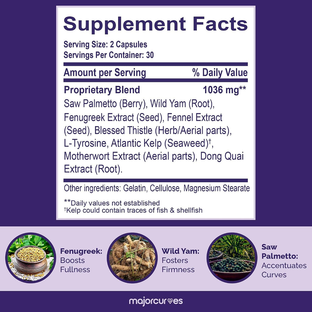 Major Curves Bum Booster Pills – Cápsulas para Aumento de Glúteos y Caderas, Alternativa Natural al BBL con Fenogreco y Ñame Silvestre