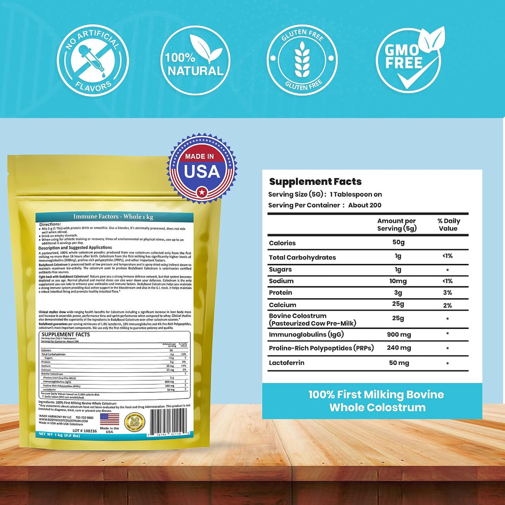 BodyBoost Calostro Bovino en Polvo 1 kg - 100% Calostro de Vaca Alimentada con Pasto