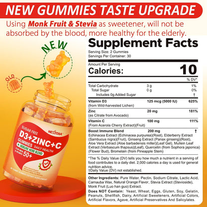 Gominolas Sin Azúcar de Vitamina C + D3 + Zinc para Adultos 50+, 9 en 1 con 5000 UI de D3, Bayas de Saúco, Equinácea, Vegano – Image 2